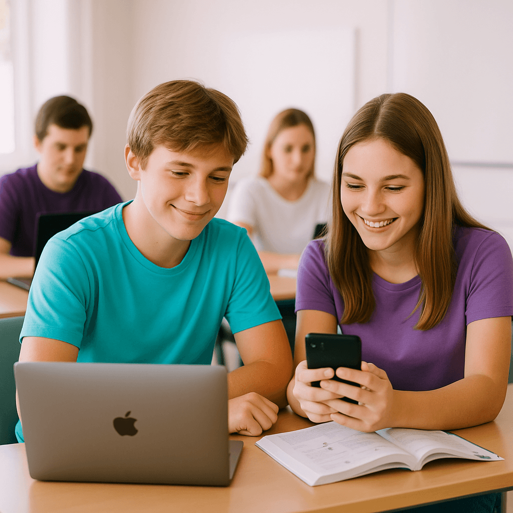 Mācību programma - skolēni mācās klasē ar datoriem un mācību grāmatām